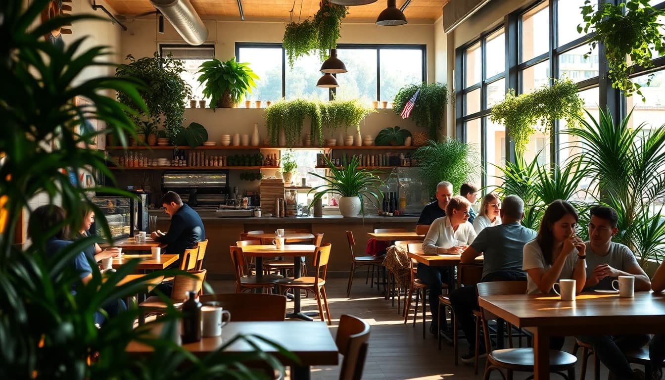 Enjoying coffee at a charming coffee shop Lloret de Mar with warm lighting and vibrant decor.