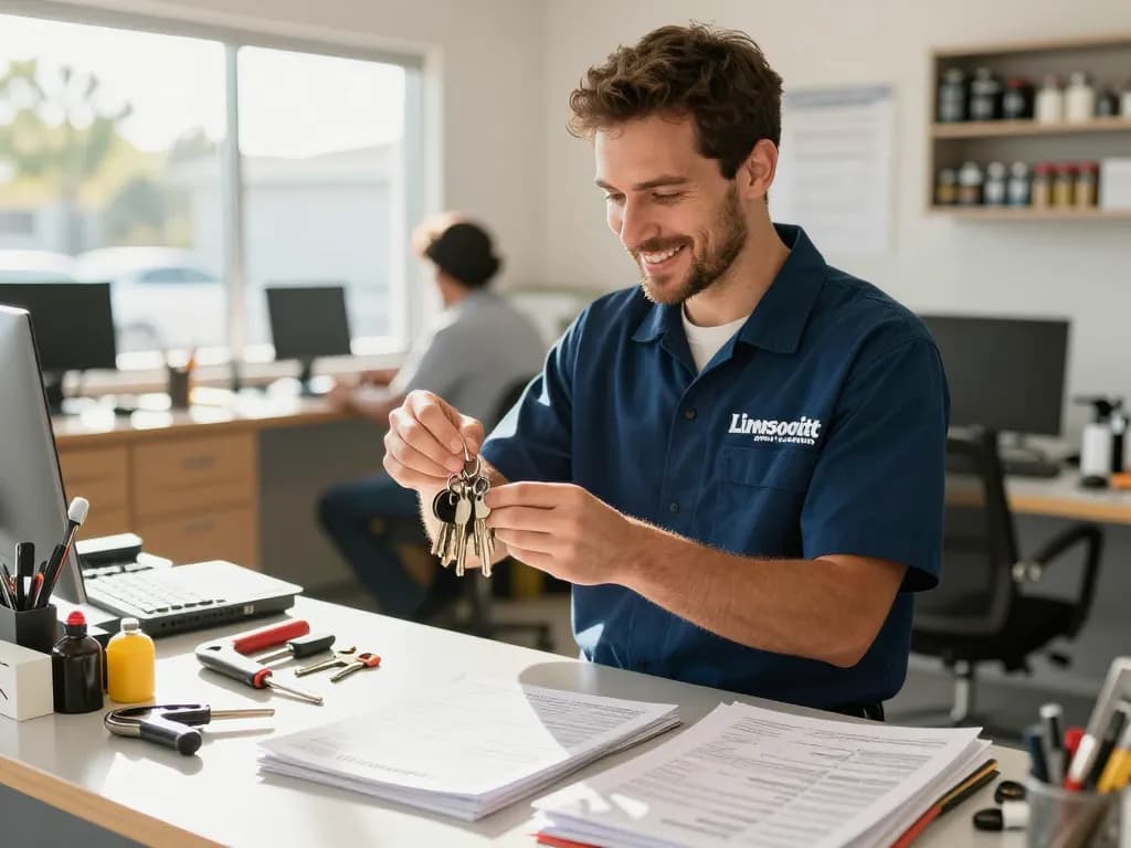 Professional locksmith in Port St. Lucie examining keys in a tidy office workspace.