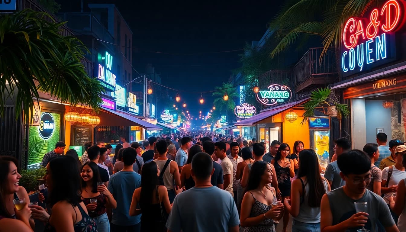 Da Nang nightlife scene showcasing vibrant bars and diverse crowd enjoying 다낭밤문화.