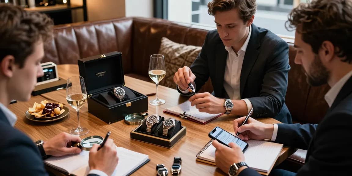 Luxury enthusiasts discussing clone watches in an elegant lounge, exploring quality replicas.