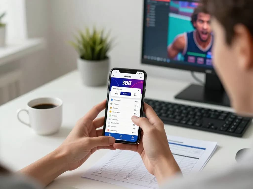 Engaging session of open88 bet on a smartphone, showcasing live odds in a modern home office.