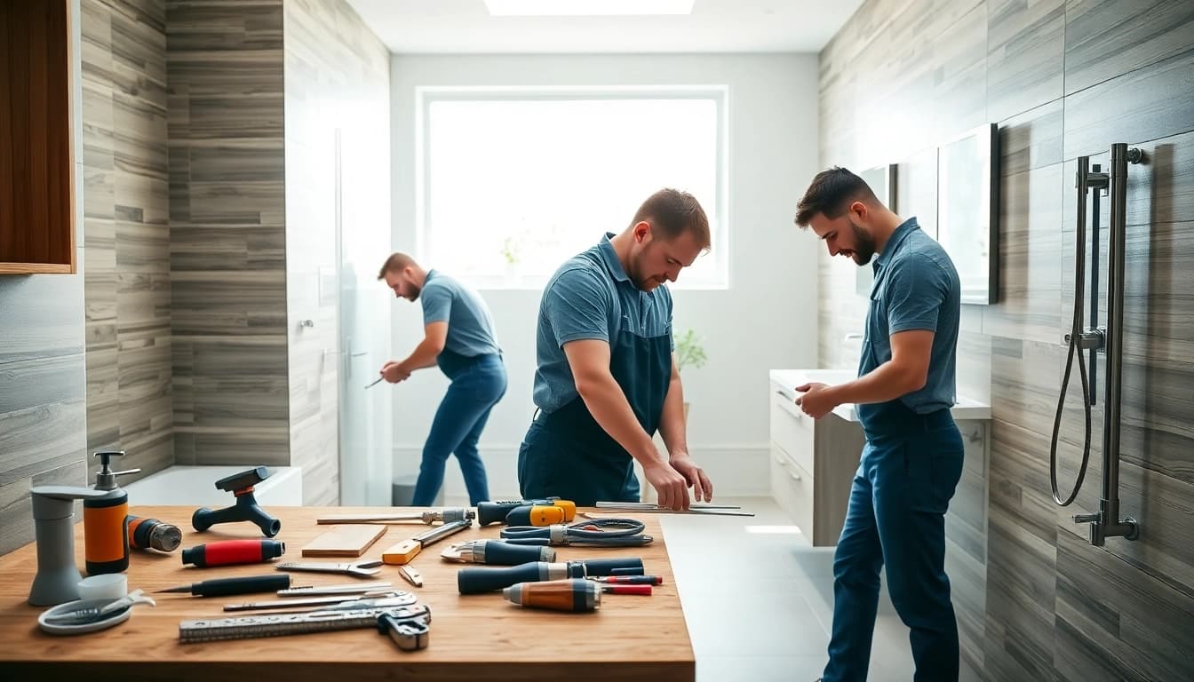 Manchester bathroom fitters expertly installing modern fixtures in a bright, contemporary space.