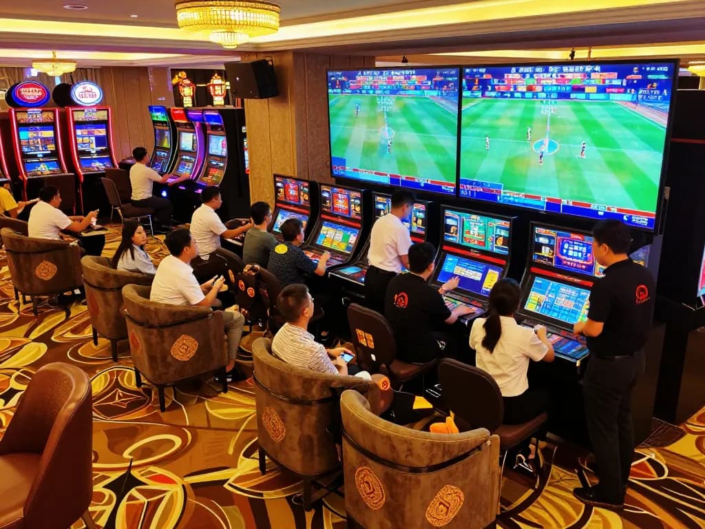 Casino patrons placing bets at the Net88 sports betting area, showcasing vibrant screens and exciting atmosphere.