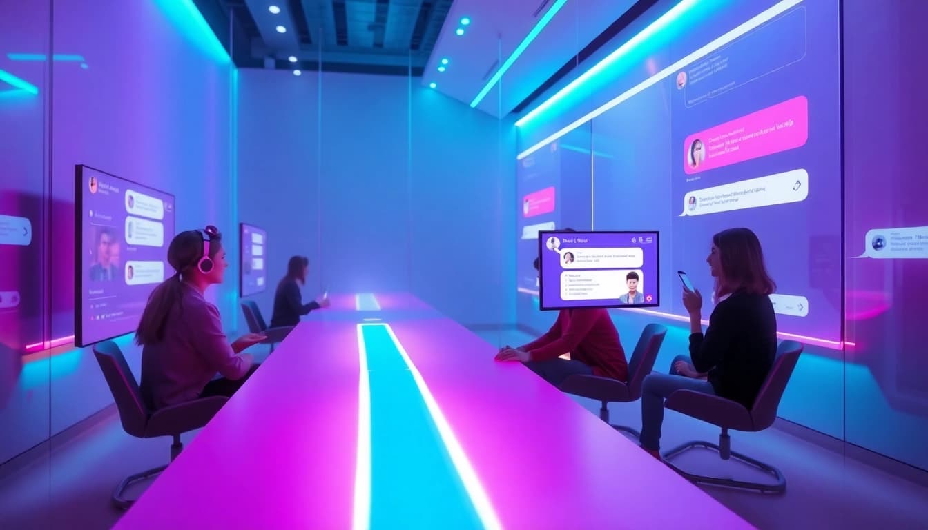 A dynamic virtual setting showcasing engaging ai sex chat interactions in a futuristic style.