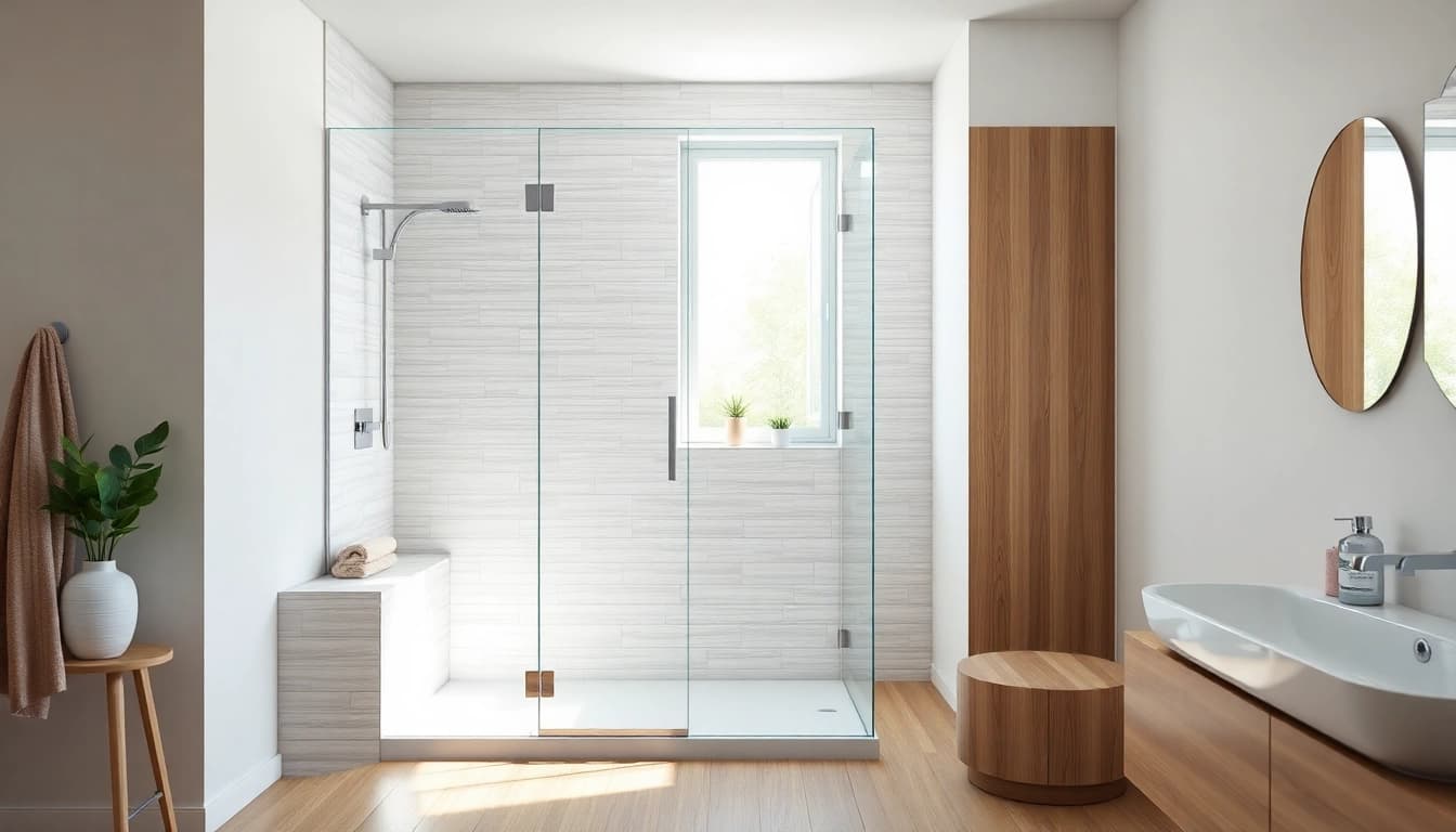 Experience tranquility in this elegant wet room shower setup with a sleek glass enclosure.