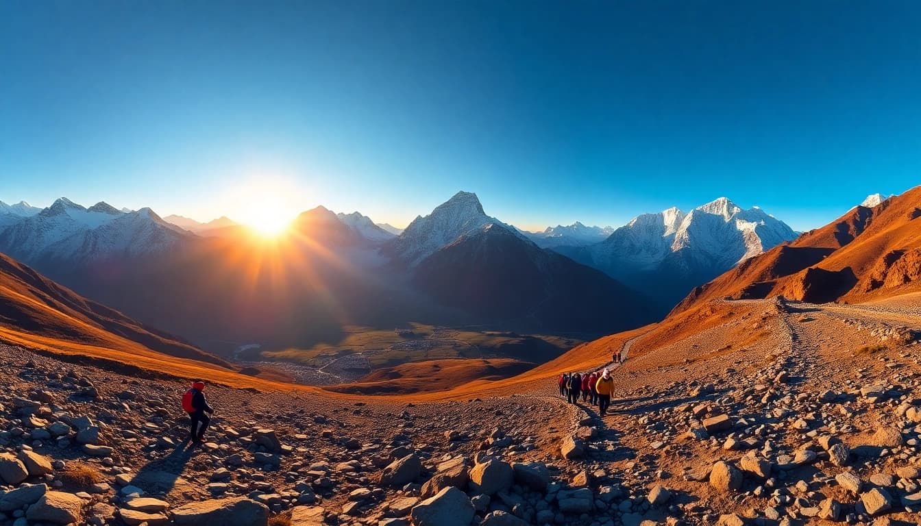 Mount Everest Base Camp trek at sunrise with stunning peaks and trekkers on the trail.