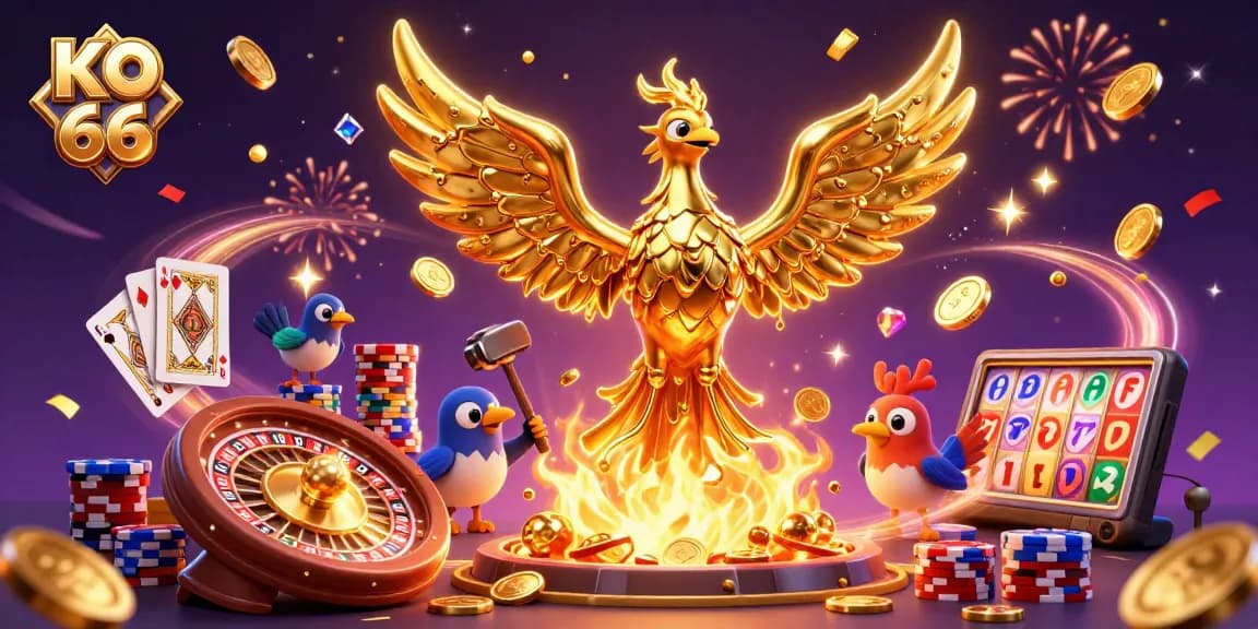 Engage with thrilling games at KO 66, featuring dynamic golden phoenix and casino jackpots in a vibrant scene.