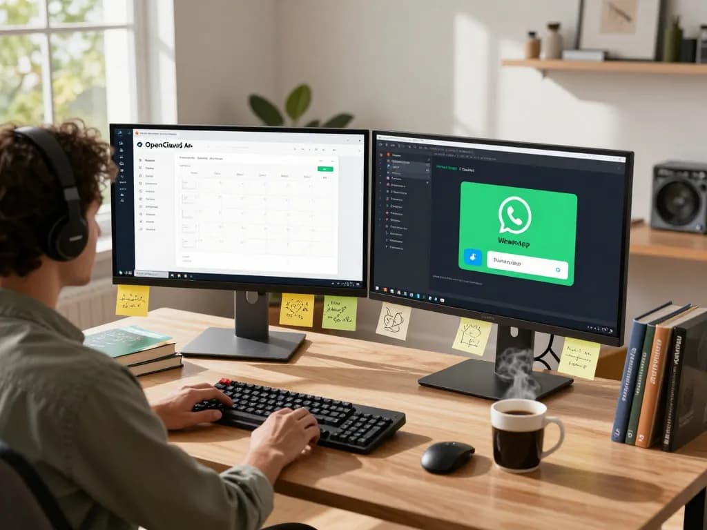 Open Claw AI workspace with developer managing emails and messages on multiple screens.