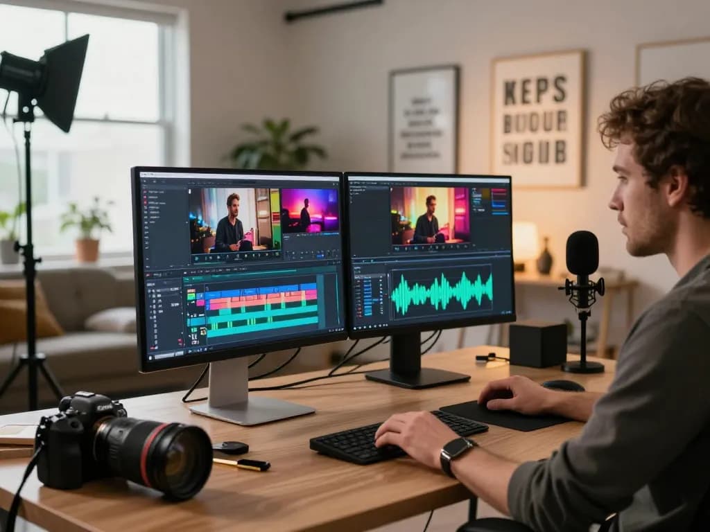 Creating video to prompt ai in a modern editing studio with dual monitors and vibrant editing tools.