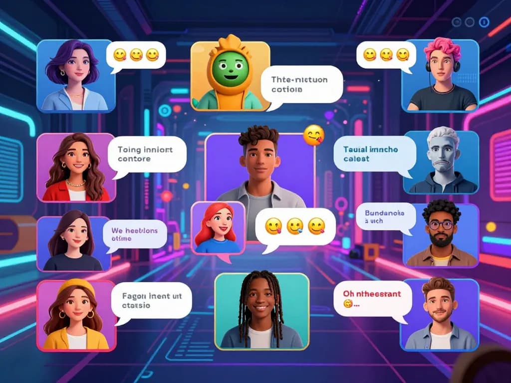 Engaging spicy chat virtual room with diverse avatars and vibrant digital environment