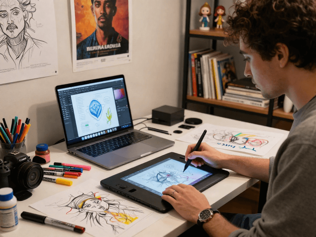 Creative artist generating ai nsfw content in a vibrant studio with digital tools.