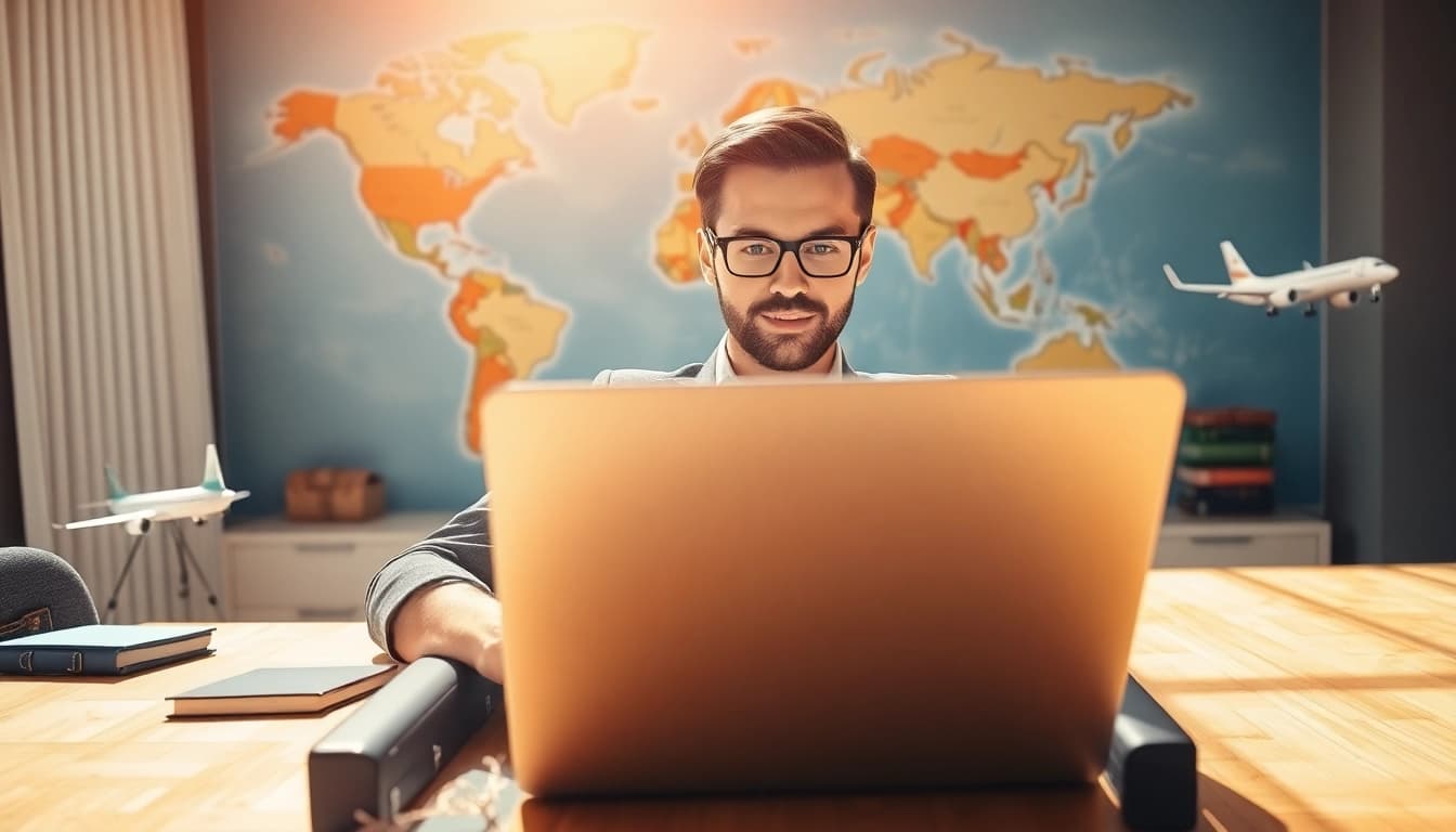 Person ready to apply for eta application uk, focused at a travel-themed desk.