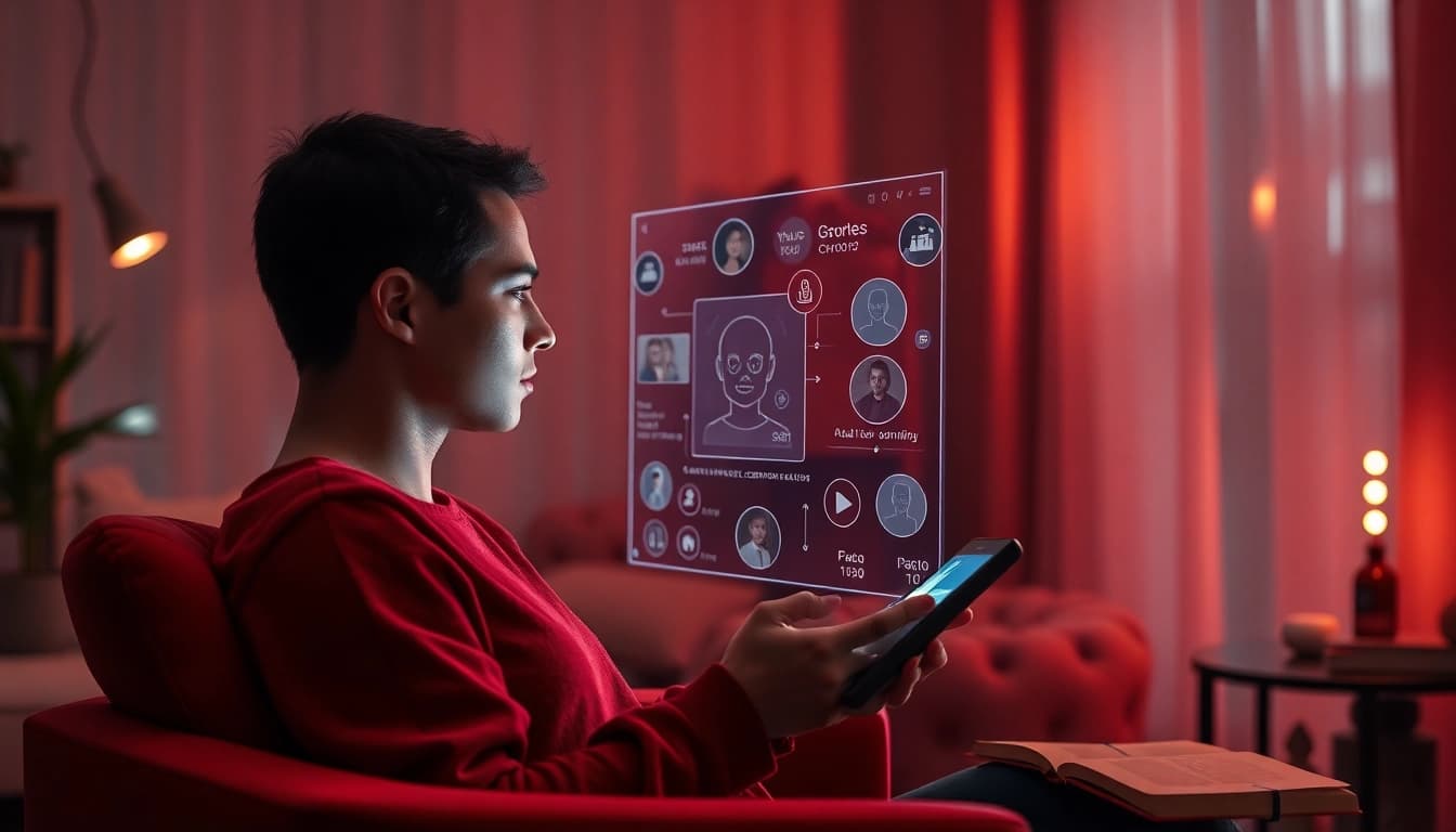 Engaging in AI sex chat in a cozy, intimate setting with a futuristic interface.
