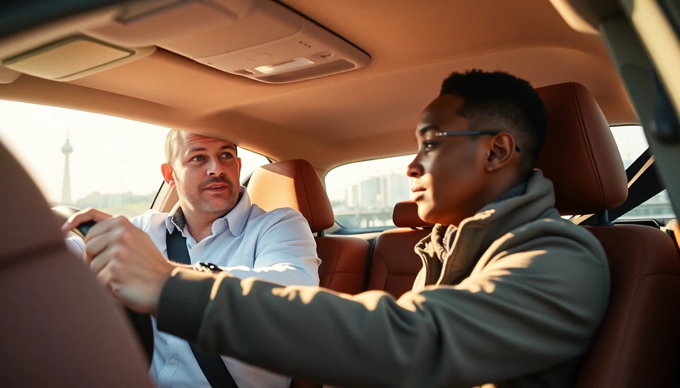 Learn about intensive driving course Portsmouth with an instructor and student in a car on a city street.