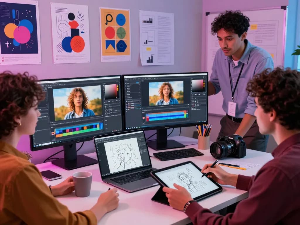 Creative team collaborating on advanced image editing using nano banana pro in a modern tech workspace.
