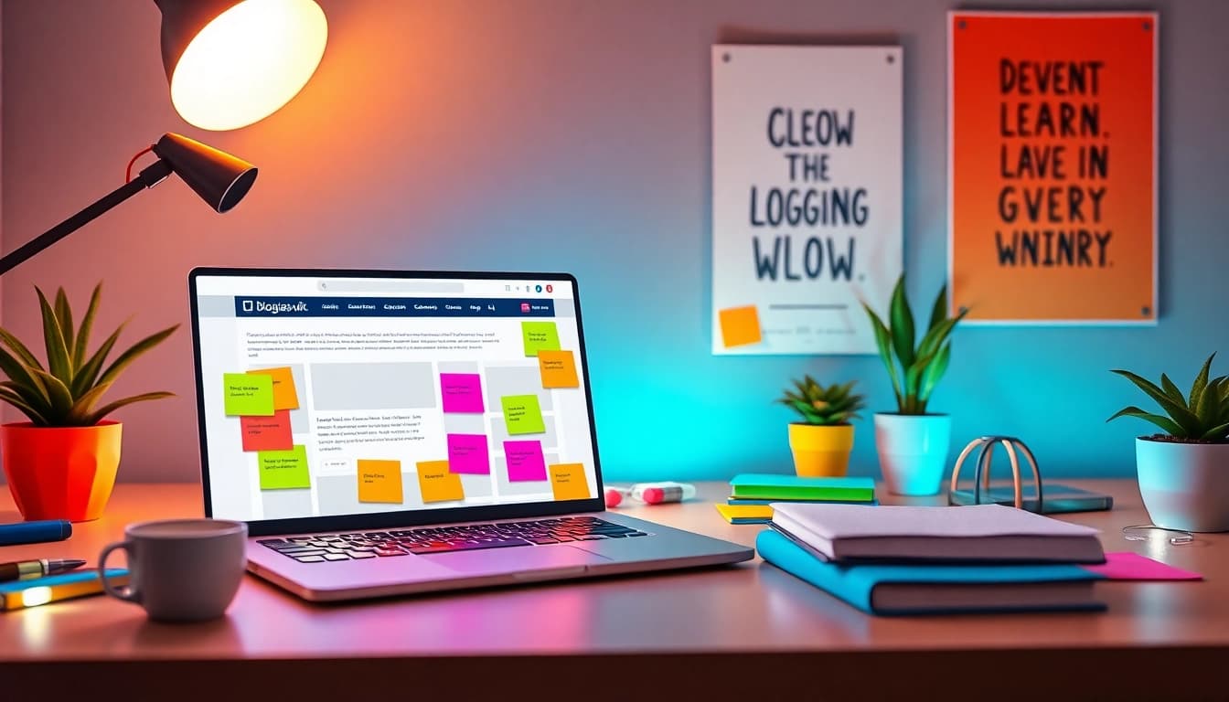 bloglabs.wiki collaborative blogging workspace with a modern laptop and creative elements