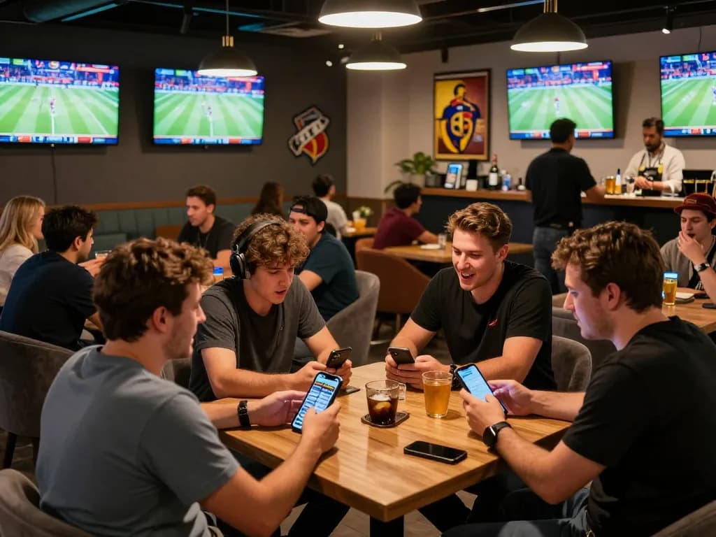 Engaged sports fans discussing odds at Nhà cái KK55 betting lounge with modern setups.