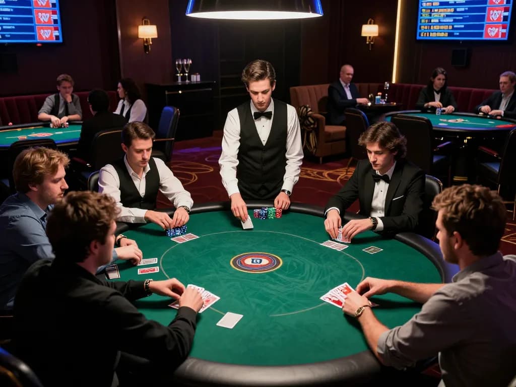 Players at 1u888com poker table strategizing bets amid a vibrant casino atmosphere.