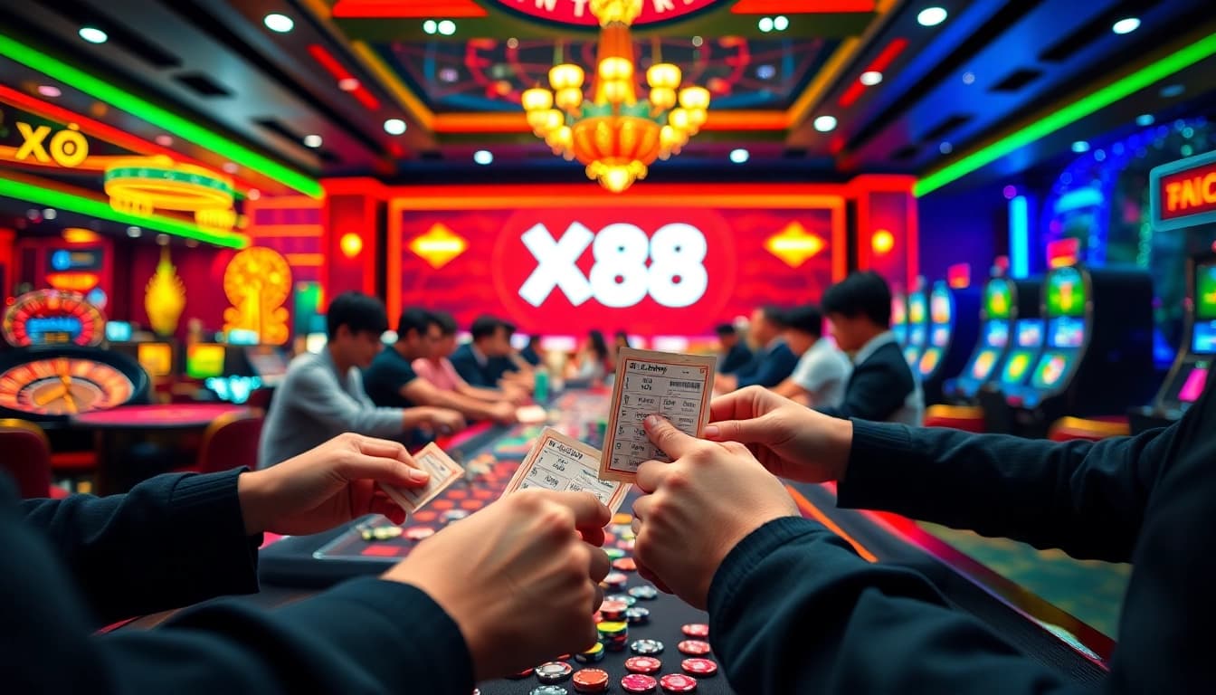 Xổ Số FB88 excitement captured as players engage at a lively lottery table, showcasing colorful tickets and eager expressions.