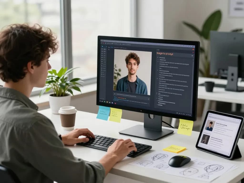 Engaged tech enthusiast using an image to prompt generator in a modern workspace.