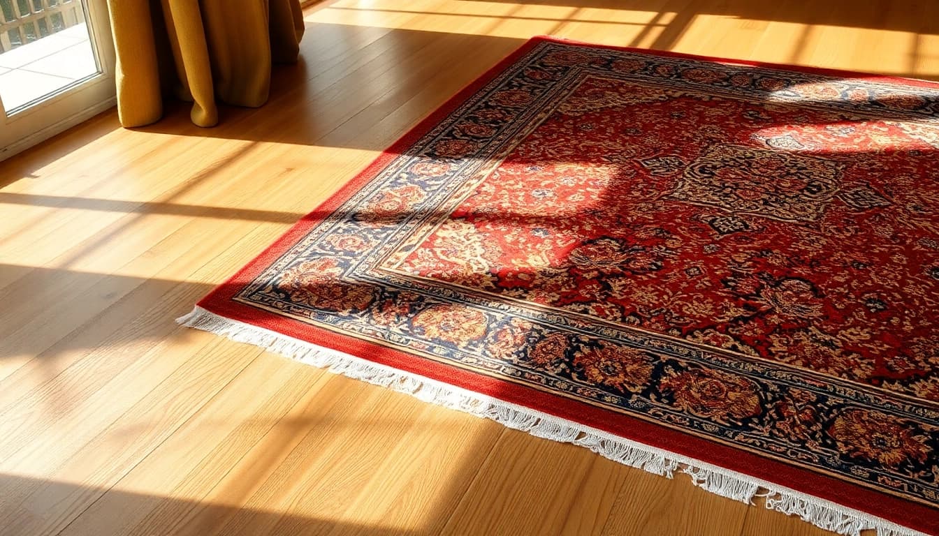 Admire the exquisite Tappeto persiano Milano with intricate designs displayed elegantly on a sunny wooden floor.