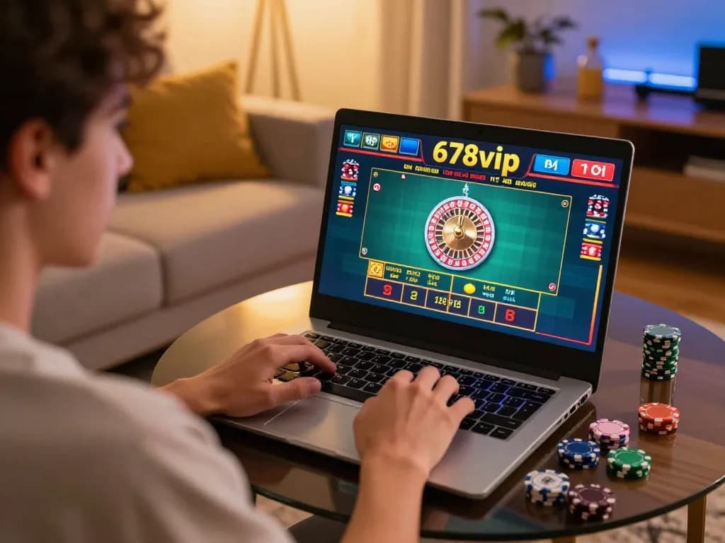 Engaged player exploring 678vip roulette game on laptop in cozy home setting