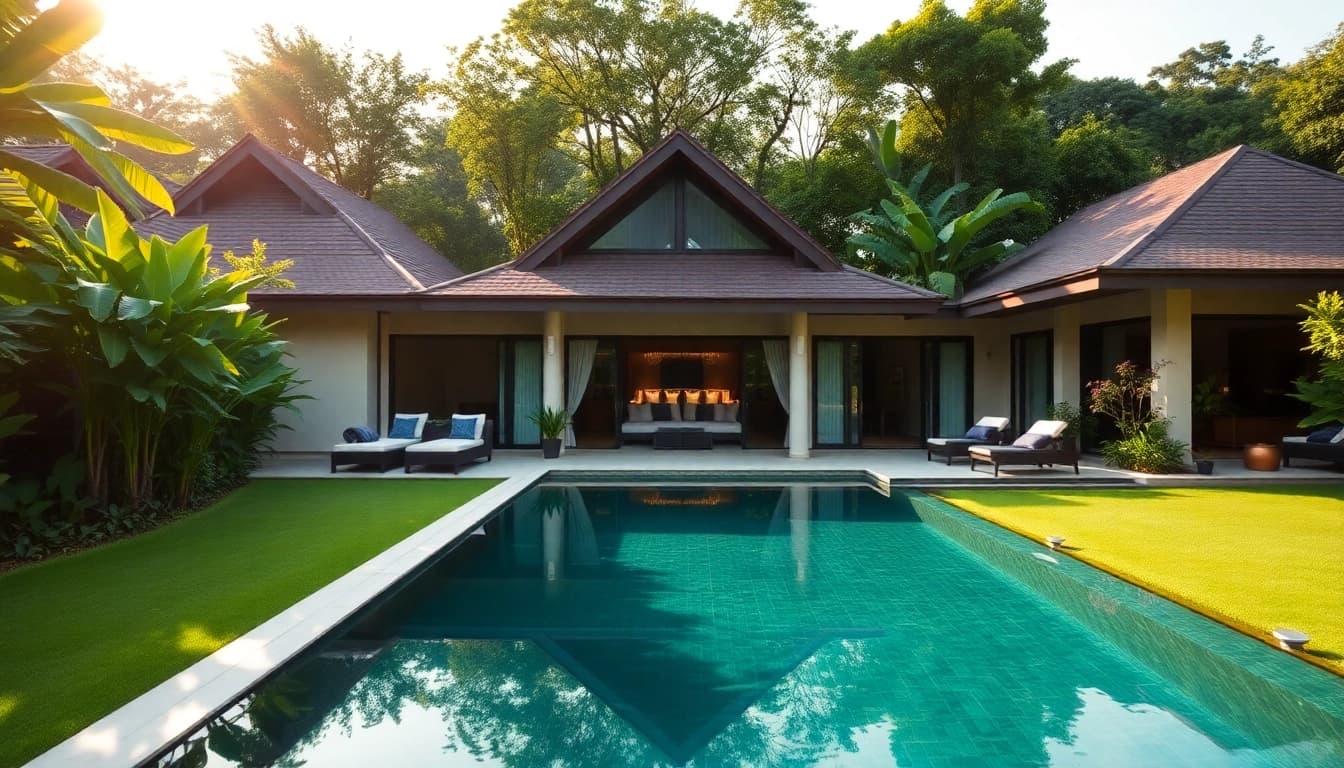 Stunning villa management Phuket showcasing a luxurious property with a pool and lush landscaping.