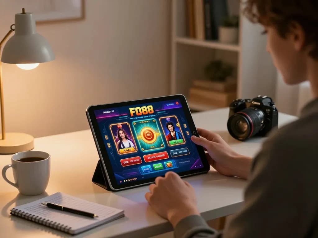 Player enjoying FO88 online casino on tablet in a cozy home gaming setup.