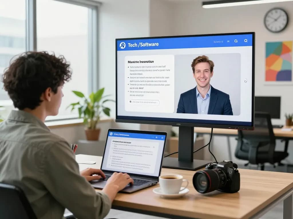 Candidate using AI interview assistant for mock interview preparation in a modern office.