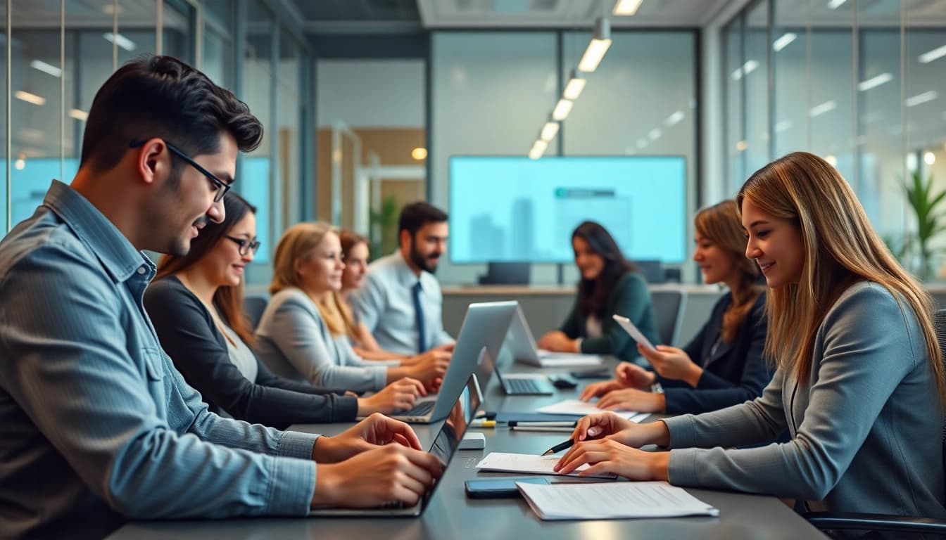 Accesso ai servizi digitali della pubblica amministrazione in un ambiente d'ufficio moderno, che evidenzia professionisti di diversa provenienza che utilizzano la tecnologia.