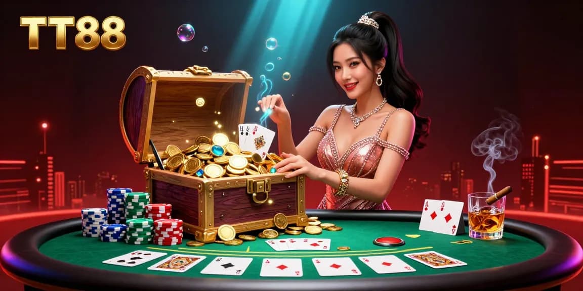 Experience thrilling gaming adventures at TT88 with a vibrant casino scene filled with treasures and poker elements.