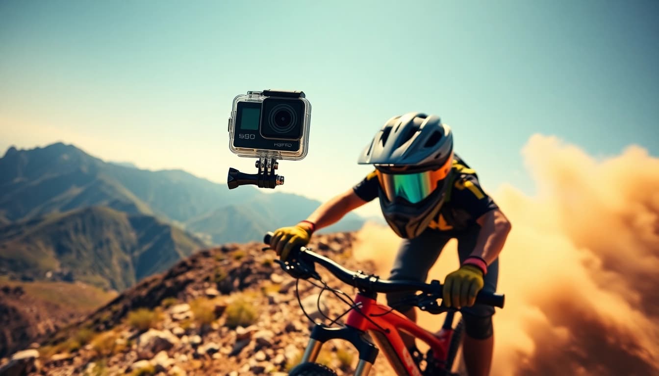 Action camera (アクションカメラ) mounted on a biker's helmet capturing an action-packed outdoor adventure.