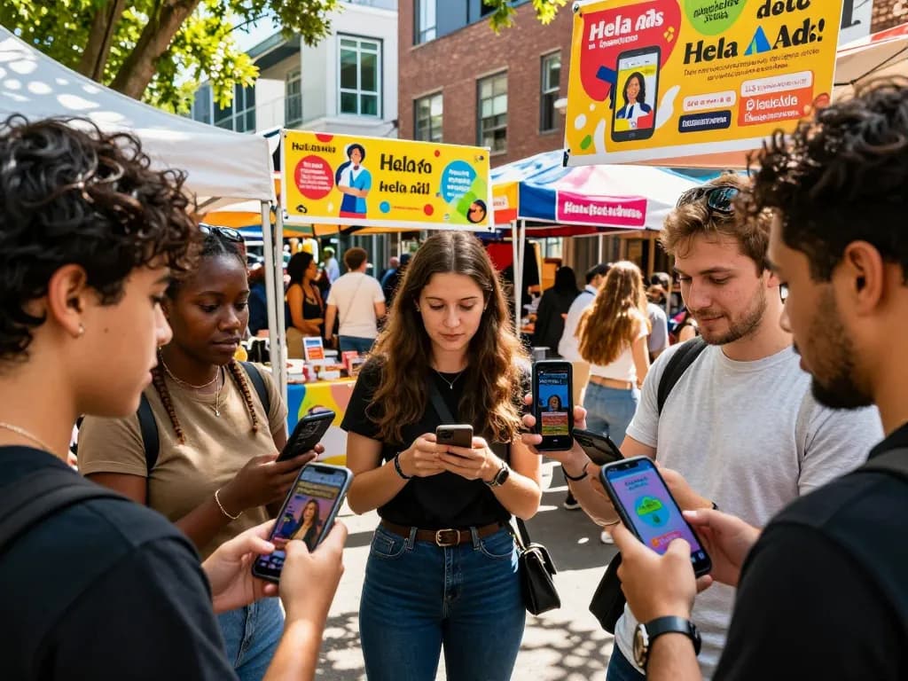 A diverse group interacting with Hela Ad services at a vibrant urban market, showcasing local deals and personal ads.