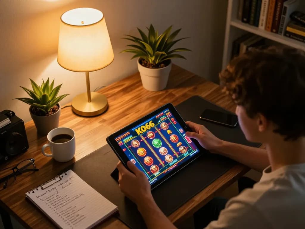 Player engaging with KO66 slots on a tablet, showcasing immersive online gaming experience.