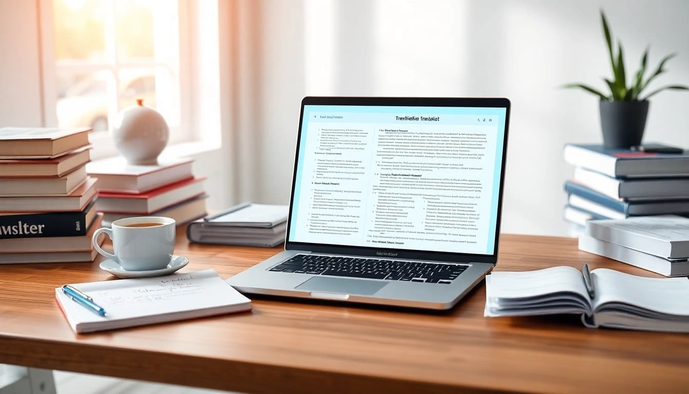 Professional workspace showcasing certified translation services with documents, books, and a laptop.