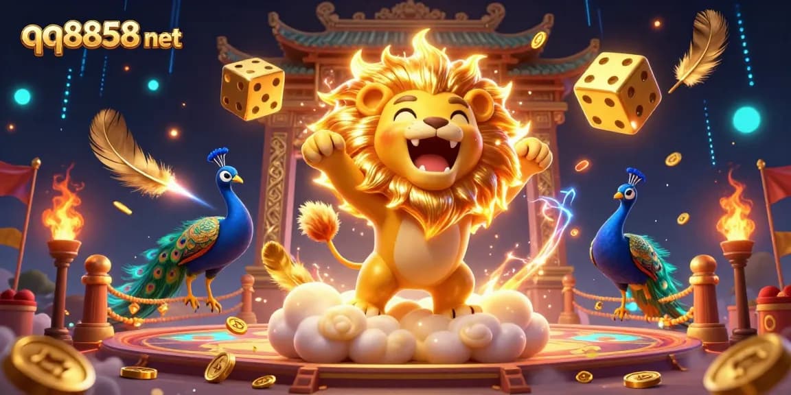 Experience thrilling casino action with a roaring sun lion amid vibrant gambling symbols at qq8858 net.