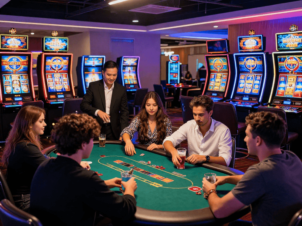Engaged players at non gamstop casinos enjoying vibrant gaming tables with thrilling slot machines and poker.
