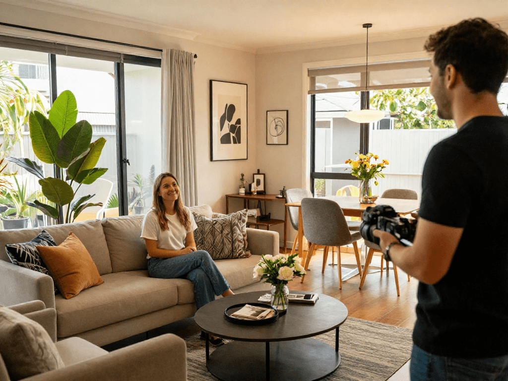 The best Perth Airbnb management company showcasing a stylish rental property, warm host greeting guests in a chic living space filled with natural light.