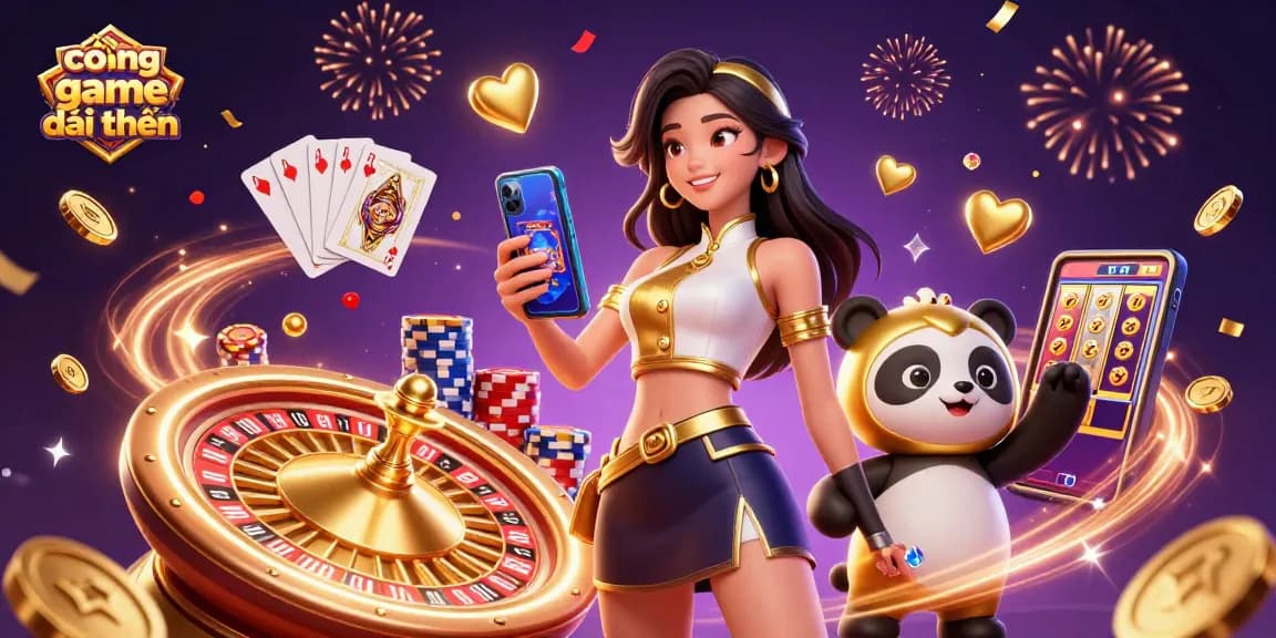 Experience the thrilling cổng game đổi thưởng with vibrant characters celebrating amidst cascading gold coins and dazzling casino elements.