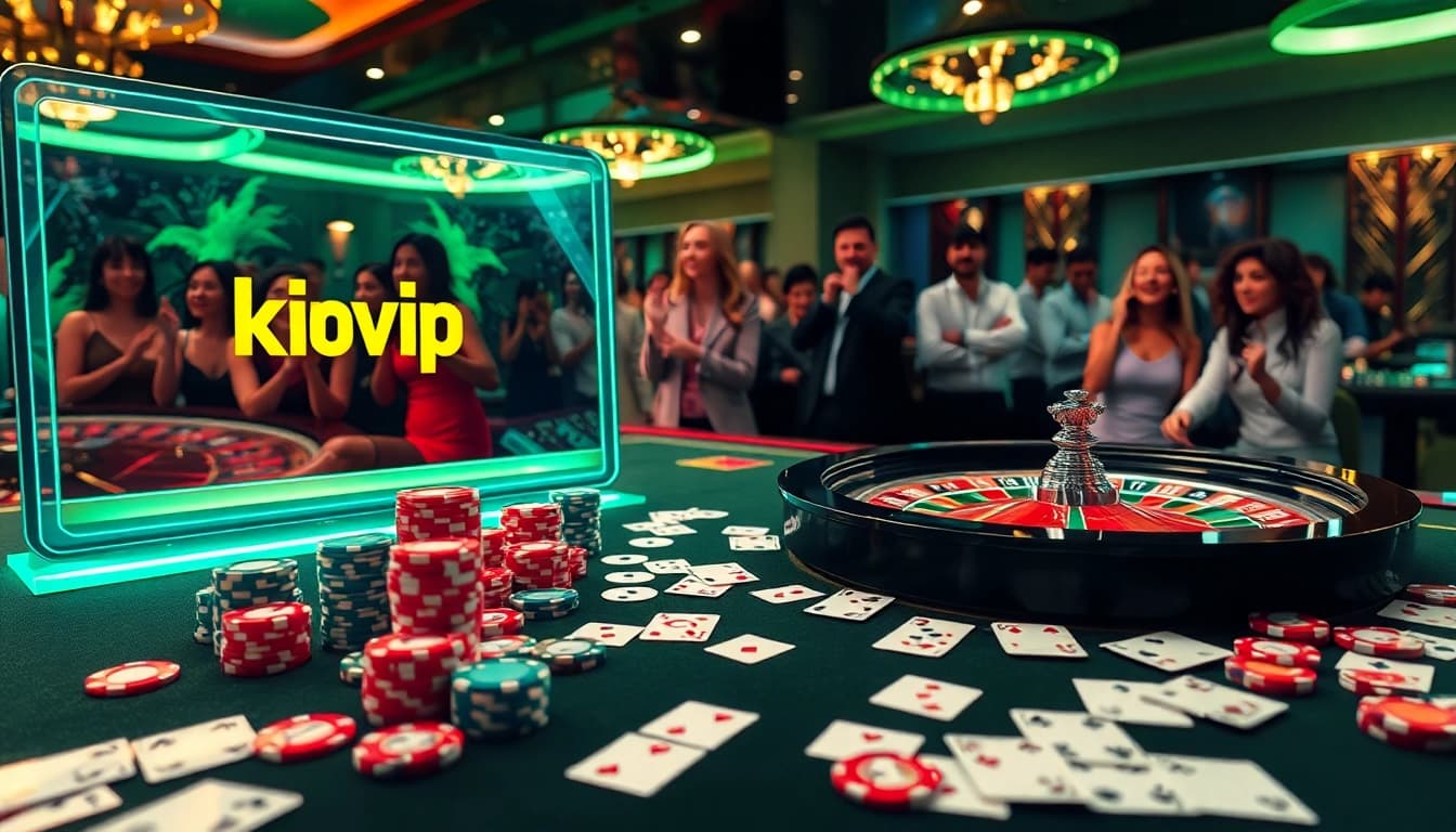 Engaging scene of players enjoying rikvip đăng nhập with colorful poker chips and roulette wheel