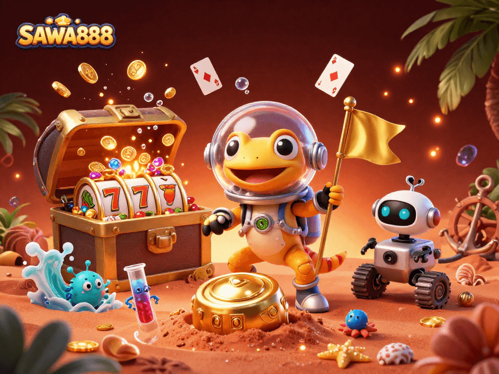 SAWA888 inspires players with a jubilant scene of a Martian gecko discovering a golden casino amidst exciting slot elements.