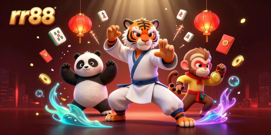 Experience thrilling action at rr88 with a kung fu master and his panda disciple amid vibrant casino elements.