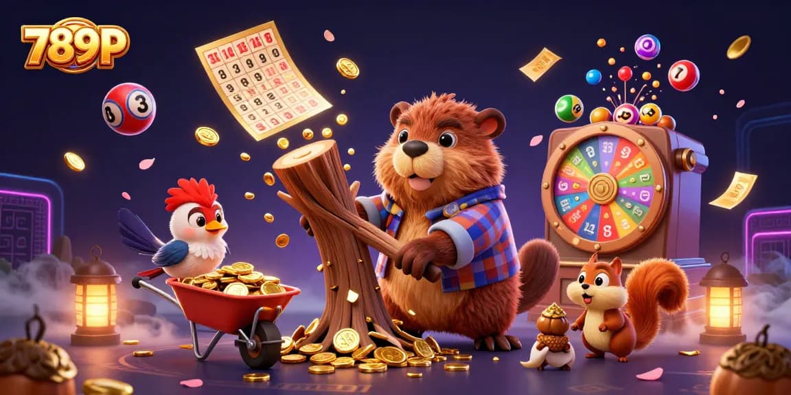 Experience thrilling jackpots and winnings at 789P with a cartoon beaver celebrating in a vibrant casino