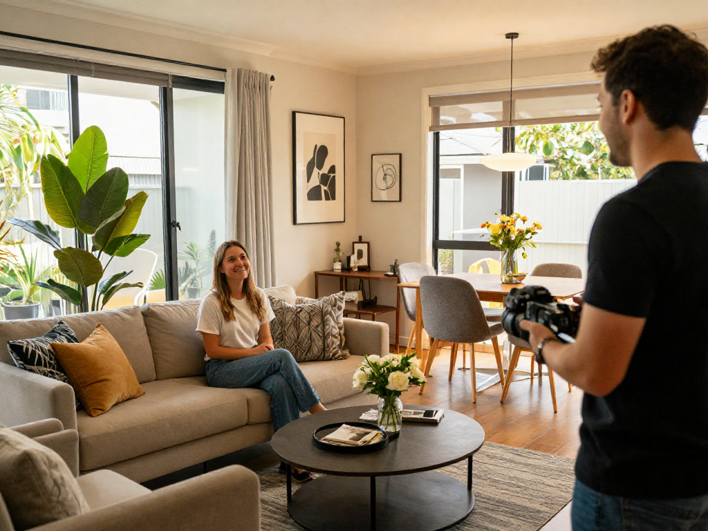 The best Perth Airbnb management company showcasing a stylish rental property, warm host greeting guests in a chic living space filled with natural light.