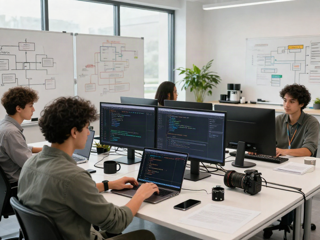 Diverse team of developers collaborating in a modern workspace on multi-model API integration.