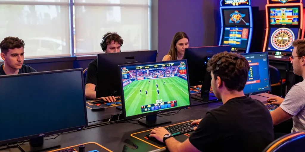 Engaging scene at trang chủ 9bet with players immersed in online betting activities, showcasing vibrant gaming atmosphere.
