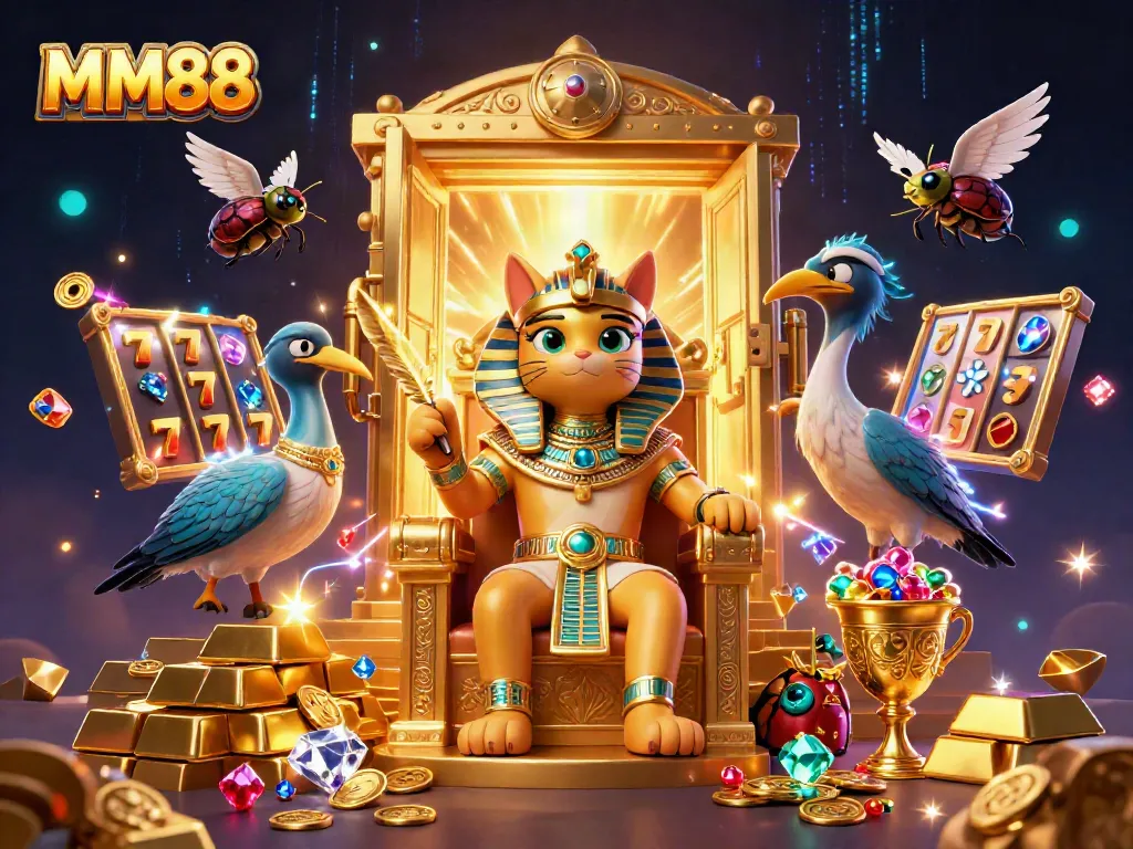 MM88 pharaoh cat surrounded by riches, spinning slot reels, and dazzling gemstones
