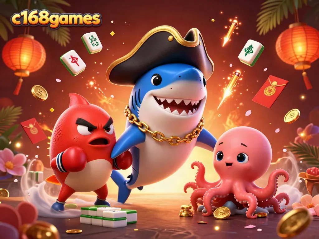 Enjoy thrilling games with c168games featuring a cartoon pirate shark, pufferfish, and octopus amidst lively casino elements.