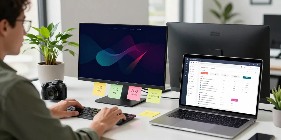 Marketer analyzing instant indexing strategies on dual monitors in a vibrant workspace.