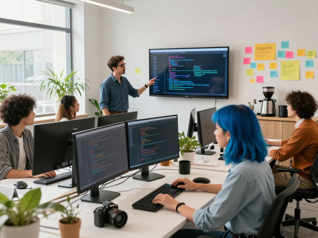Dynamic workspace with diverse team engaged in juicy AI project collaboration